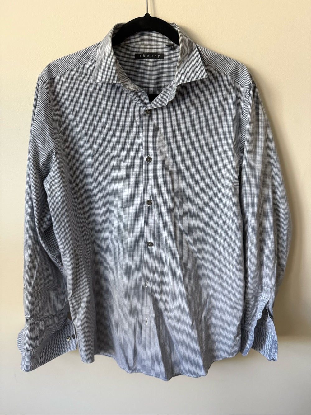Theory Men’s Blue Micro Check Dress Shirt 15.5R 32-33 100% Cotton
